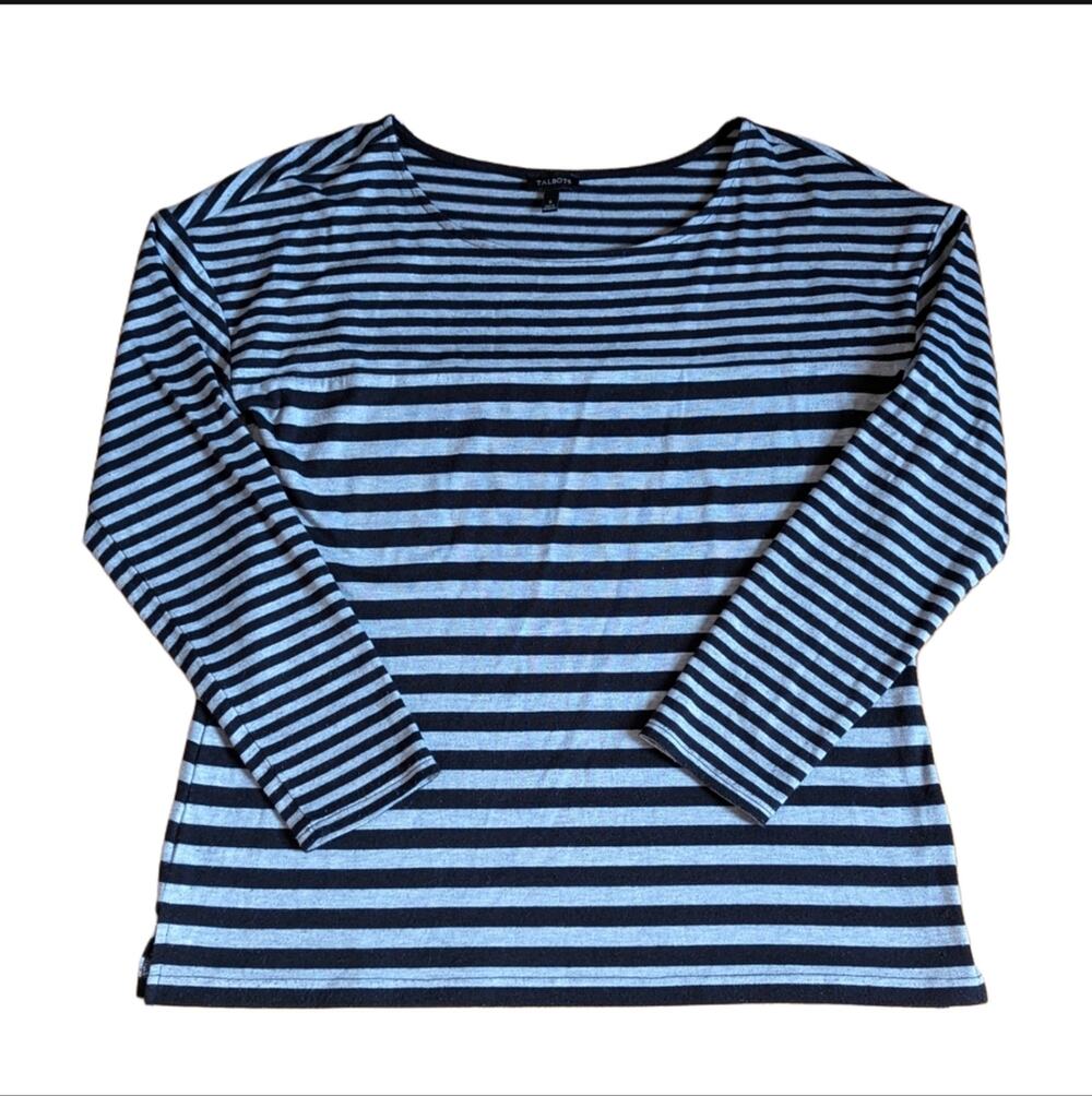 Talbots Classic Gray Black Stripe Preppy Casual Long Sleeve Fall Blouse Shirt